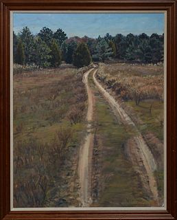Wanda Gamble (American), "Ranch Road," 20th c., oil on canvas, signed lower right, presented in a wood frame, H.- 35 1/2 in., W.- 27 1/2 in., Framed H