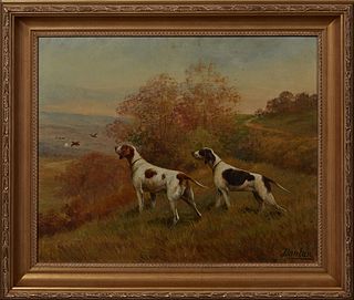 Edouard Joseph Dantan (1848-1897, French), "Two Dogs on Point," 20th c., oil on canvas, signed lower right, presented in a gilt and gesso frame, H.- 2