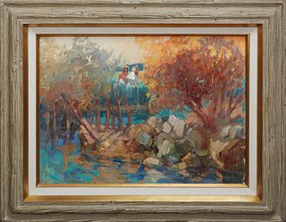 Vladin Stiha (American), "Rocky Island on Water," 1982, oil on canvas, signed and dated in the lower right, presented in a rustic wooden frame, H.- 17