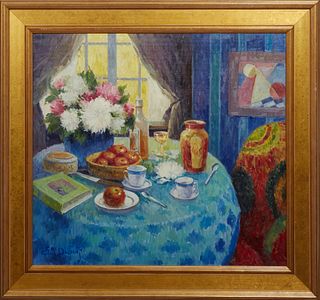 Emilie Dubois (1966-, French), "Table by a Window," 20th c., oil on canvas, signed lower left, presented in a wide gilt frame, H.- 27 3/8 in., W.- 30 
