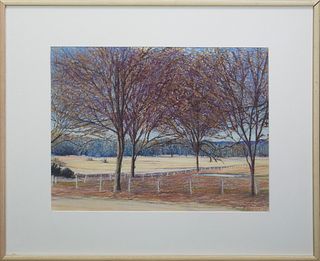 R. Elliott (American), "Field with Bare Trees and Fence," 20th c., mixed media, signed lower right, presented in a blonde wooden frame, H.- 24 1/2 in.