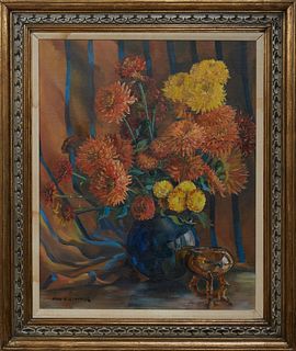 Hyde S. Stayner (American), "Bowl of Zinnias," 20th c., oil on canvas, laid to masonite, signed lower left, presented in a gold and silver wooden fram