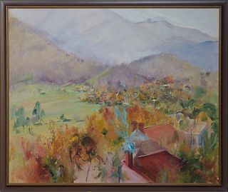 Pauline Cross (Australian), "Autumn Haze over Healesville," 1986, oil on canvas, signed, dated and titled lower right, presented in a brown plastic fr