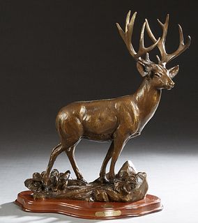 Terrell O'Brien, "High Desert Trophy," 20th c., patinated bronze stag figure, on a stepped mahogany base with a button mark "National Wild Turkey Fede