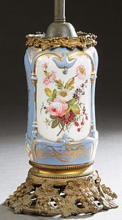 French Porcelain and Bronze Lamp, 19thc., probably Old Paris, of cylindrical form with gilt decoration and painted floral reserves, on a blue ground, 