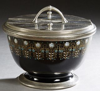 Unusual Enameled Black Glass and Silverplate Commercial Sugar Bowl, 19th c., the top with two lifting hinged silverplated lids flanking a central hand