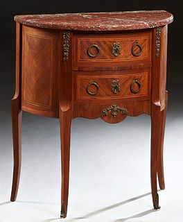 Louis XVI Style Carved Walnut Ormolu Mounted Marble Top Night Stand, early 20th c., the highly figured demilune red marble over a band of two drawers,