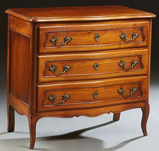 French Louis XV Style Carved Cherry Bowfront Commode, 20th c., the stepped bowed top over three bowed drawers, on a plinth base on cabriole legs joine