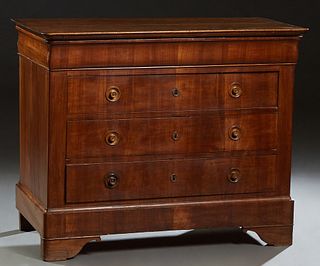 French Provincial Louis Philippe Carved Walnut Commode, c. 1860, the rounded corner top over a frieze drawer and three deep drawers, on a plinth base 