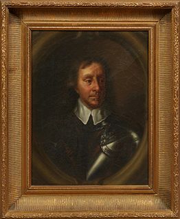 After William Dobson (1611-1646, English), "Portrait of Oliver Cromwell in Armor," 17th c. oil on canvas, unsigned, presented in a gilt and gesso fram