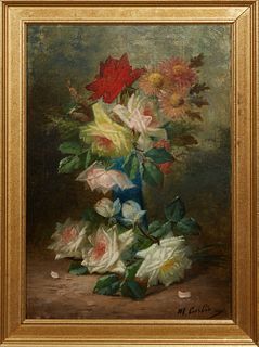 Max Carlier (1872-1938, Belgian), "Still Life of Flowers in a Blue Vase, "20th c., oil on canvas, signed lower right, presented in a stepped gilt fram