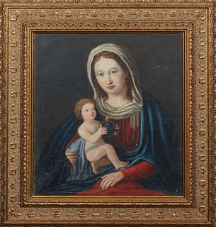 Continental School, "Madonna and Child," 18th c., oil on linen laid to board, presented in a carved gilt frame, H.- 5 5/8 in., W.- 14 in.
