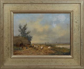 Fred Frauenfelder (1945-, Dutch), "Chickens and Rabbits in a Dutch Landscape," 20th c., oil on panel, signed lower left, presented in a wide gilt fram