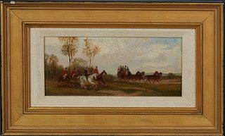 Robert Stone (1820-1870, British), "Hunting Scene," 19th c., oil on panel, signed lower right, presented in a gilt frame with a linen liner, H.- 4 3/8