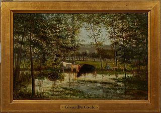 Cesar de Cock (1823-1904, Belgian), "Cows Watering in a Landscape," 20th c., oil on panel, signed lower right, presented in a gilt frame with a brass 