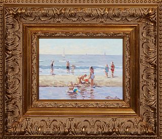 Niek Van Der Plas (1954-, Dutch), "A Day at the Beach," 20th c., oil on panel, signed lower right, presented in a gilt relief frame, H.-5 1/4 in., W.-