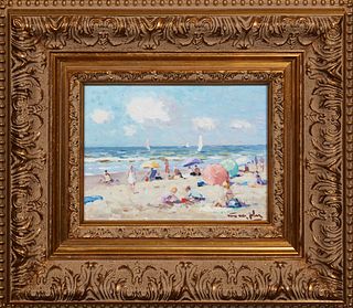 Niek Van Der Plas (1954-, Dutch), "A Day at the Beach," 20th c., oil on panel, signed lower right, presented in a gilt relief frame, H.-5 1/4 in., W.-