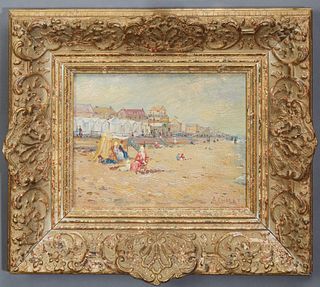Andre Chalet (1954-, French), "At the Beach," 20th c., oil on panel, signed lower right, presented in a polychromed gesso frame, H.- 6 3/4 in., W.- 8 