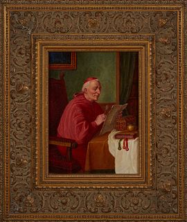 F. Wunsch (German), "Portrait of a Cardinal Seated at His Desk," early 20th c., oil on panel, signed lower left, presented in a modern gilt relief fra