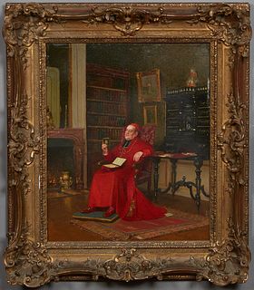 Viktor Marais Milton (1878-1948, French), "The Cardinal in his Study," early 20th c., oil on board, signed lower right, presented in a period gilt and