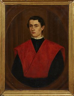Continental School, "Portrait of a Young Cleric," 19th c., oil on canvas, presented in a stepped gilt frame, H.- 32 1/2 in., W.- 23 1/2 in.