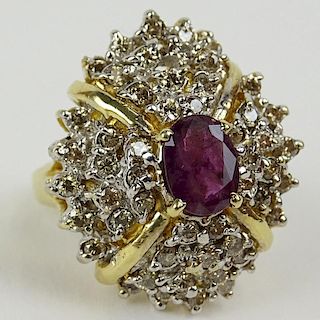 Heavy 14 Karat Yellow and White Gold, Diamond and Ruby Dinner Ring.
