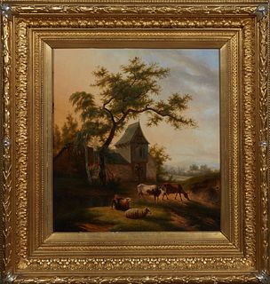 Balthasar Paul Ommeganck (1755–1826, Flemish), "Cows and Sheep in a Village Landscape," 19th c., oil on panel, signed lower left, presented in a wide 