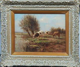 Cornelis Verschuur (P. Bouter, 1888-1966, Dutch), "Cows in a Landscape," 20th c., oil on canvas, signed lower right, presented in a polychromed gesso 