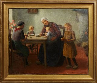 Hendrik Heyliggers (1867-1967, Dutch), "Family at the Table," early 20th c., oil on canvas, signed lower left, presented in a wide gilt frame with a b