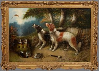 Edward Armfield (1817-1896, English), "Hunting Dogs and Pheasants in a Field,"19th c., oil on canvas, signed lower right, presented in a gilt and gess