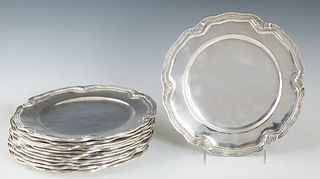 Set of 12 Peruvian .900 Sterling Salad Plates, mid 20th c., marked "Old Cuzco," the scalloped ribbed borders punctuated by six relief shells, H.- 1/2 