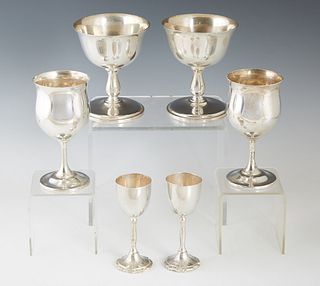 Group of Six Pieces of Sterling SIlver, consisting of two Mexican liqueur stems, H.- 4 1/8 in., Dia.- 1 1/2 in., Wt.- 4.45 Troy Oz.; two dessert stems