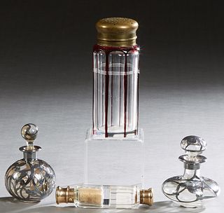 Group of Four Glass items, 19th c., consisting of a double sided purse perfume bottle; two sterling overlay perfume bottles; and a ruby glass to clear