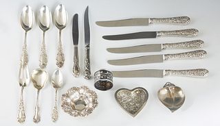 Group of Sixteen Pieces of Sterling Silver, consisting of 5 sterling repousse handle luncheon knives by Alvin; 3 soup spoons by Gorham, in the "Luxemb