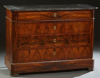 French Provincial Louis Philippe Carved Walnut Marble Top Commode, 19th c., the canted corner reeded edge highly figured gray marble over a frieze dra