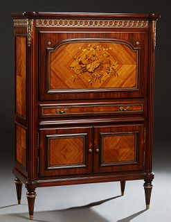 Unusual French Louis XVI Style Ormolu Mounted Carved Mahogany Cabinet, 20th c., the stepped cookie corner top over a pierced ormolu frieze and a lifti