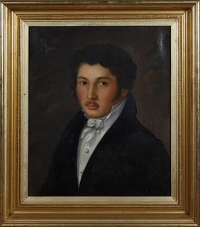 Louisiana School, "Portrait of a Young Creole Gentleman," 19th c., oil on canvas, unsigned, presented in a wide gilt and gesso frame, verso with an il
