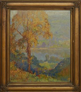 William Henry Stevens (1887-1949, American/Louisiana), "Fall Landscape with Lake," 20th c., oil on canvas, signed lower left, presented in a gilt fram
