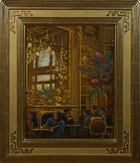 Donny Finley (1951-, Alabama), "New Orleans Bar Scene," 20th c., oil on canvas, signed lower right, presented in a stepped gilt frame, H.- 17 3/8 in.,