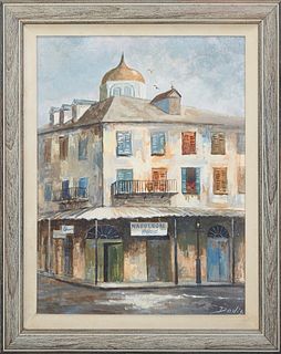 Nancy Jo Davis (American), "Napoleon House," 20th c., oil on canvas, signed lower left, presented in a wood frame, H.- 17 1/4 in., W.- 13 1/4 in., Fra