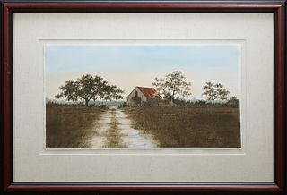 Waven Boone (American), "Barn in Field," 20th c., watercolor on paper, signed lower right, presented in a wooden molded frame, H.- 19 1/4 in., W.- 29 