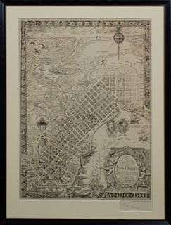 Rare Nathaniel Cortlandt Curtis, "The Creole City of New Orleans," map, copyright 1930, autographed lower right by Nathaniel Curtis, presented in an e