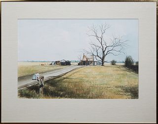 Kenneth Crawford Hodges (1897-1978, American), "Farm Cottage with Mailbox and Dead Tree," 20th c., watercolor on paper, signed lower right, presented 