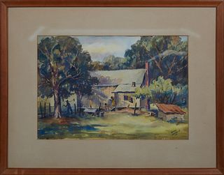 Louise Sarrazin (1888-1967, Louisiana), "Louisiana Cabin Scene," 1944, watercolor on paper, signed and dated lower right, presented in a mahogany fram