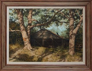Barrie Van Odsell (American), "Old Barn," 20th c., oil on canvas, signed lower left, presented in a wooden frame, H.- 23 1/4 in., W.- 31 1/4 in., Fram