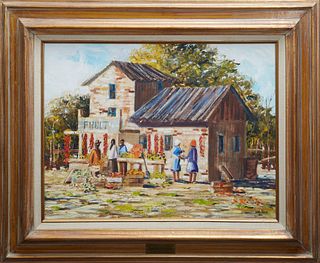 Bob Ragland (American), "Farmer's Market," 20th c., acrylic on board, signed lower right, presented in a wooden frame, H.- 17 1/8 in., W.- 23 1/4 in.,