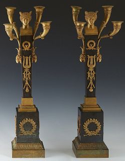 Pair of French Gilt and Patinated Bronze Four Light Candelabra, c. 1870, with a bust of Mercury atop a tapered square bronze mounted column, issuing t