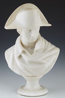 Carved White Marble Bust of Napoleon, 19th c., unsigned, on a stepped circular socle base, H.- 20 1/2 in., W.- 13 in., D.- 7 1/2 in.