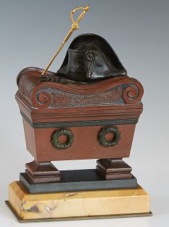 French Bronze Inkwell, 19th c., of Napoleon's Tomb, the interior gilt, with two covered inkwells with glass inserts, the lid with a Napoleon hat and a