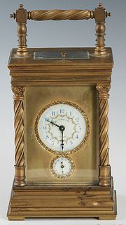 French Bronze Carriage Alarm Clock, c. 1910, with a beveled glass front, sides, and top, the painted dials marked C. Ismel and Co., Shanghai, within a